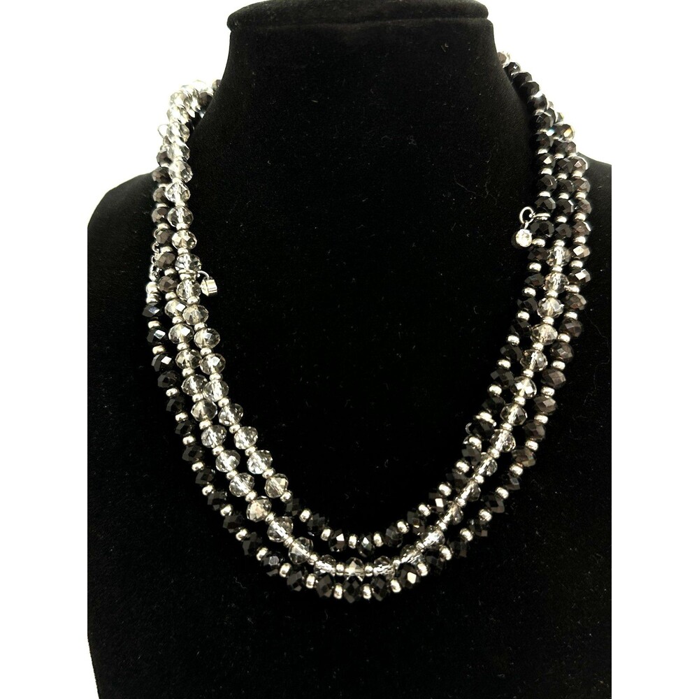 Vera Wang Necklace Black Grey Beaded Silver Tone Rhinestone Long Opera Length